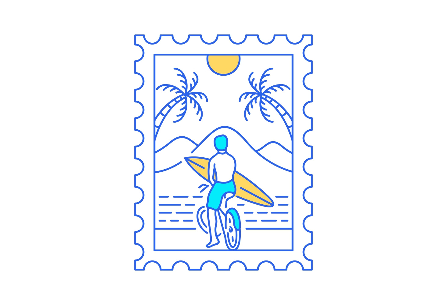 Summer Surfing Postal Stamp 1 apparel apparel design beach bicycle bike california hawaii holiday nature ocean outdoors print on demand sea summer surfboard surfing t shirt design travel tropical vacation