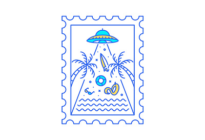 Summer Ufo Invasion Postal Stamp alien apparel apparel design astronaut beach holiday nasa ocean outer space print on demand sea space summer surfboard surfing t shirt t shirt design tropical ufo vacation