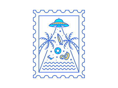 Summer Ufo Invasion Postal Stamp alien apparel apparel design astronaut beach holiday nasa ocean outer space print on demand sea space summer surfboard surfing t shirt t shirt design tropical ufo vacation