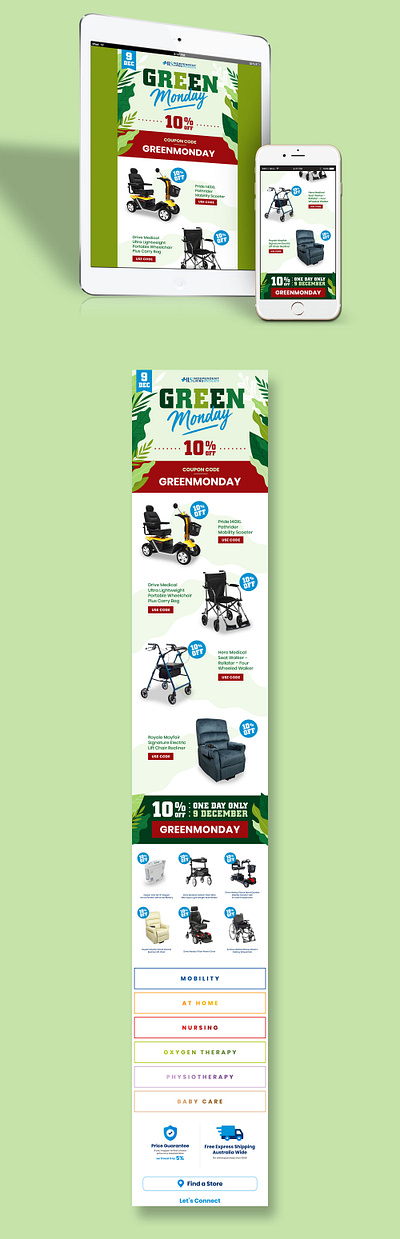 ILS Green Monday EDM Design banner branding design digital disability ecommerce edm email enewsletter graphic green illustration layout marketing medical mobility monday newsletter online products