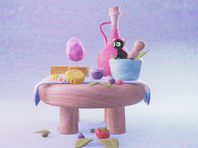 Cat moon cake tea break / Oil painting style render b3d blender cat design moon cake npr tea