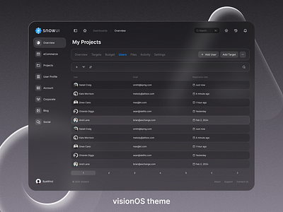 User table page - visionOS theme, Light mode and Dark mode dashboard ui kit table design web design