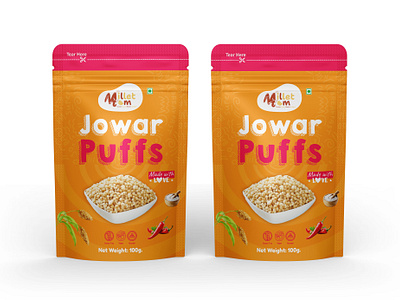 Jowar Puffs (Miilet) Pouch Design box design brand design branding indian foods jowar jowar millet jowar millet packaging jowar millet pouch design jowar puffs packaging jowar puffs pouch design jowar pupps label design logo design mockup mockup design pouch design product design