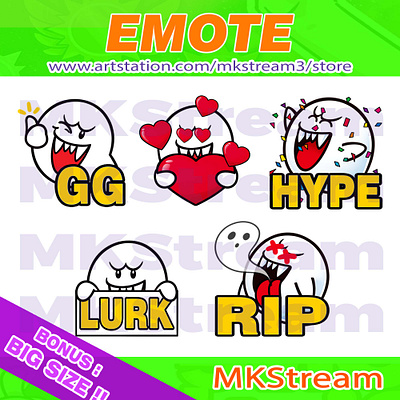 Twitch Emotes Ghost Boo gg, love, hype, lurk & rip pack animated emotes anime boo cute design emotes gg ghost ghost emotes halloween horror hype illustration love lurk mario rip sub badge super mario bros twitch emotes