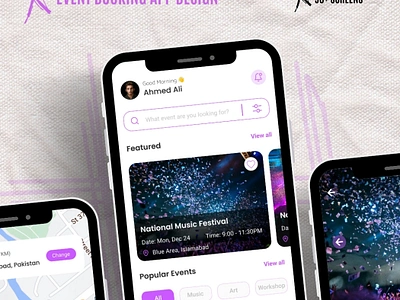 E-Booking App Design art booking chats events figma location map mobile application music profile rating search tickets ui uiux workshop