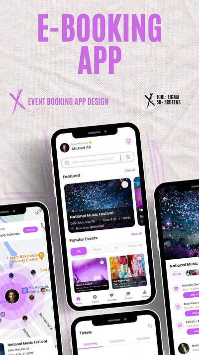 E-Booking App Design art booking chats events figma location map mobile application music profile rating search tickets ui uiux workshop