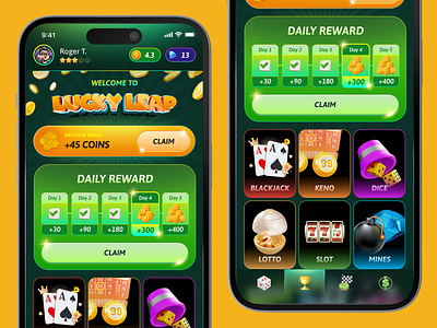 Casino App Interface - Rewards, Coins and Games app betting blackjack bonus casino claim coin daily earn gambling game gamification green live luck online play poker rewards slot