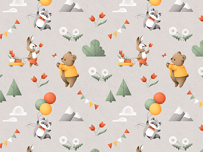 Cute animal pattern №1 animals bear children design grain texture grit illustration pattern rabbit raccoon texture vector