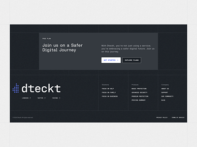 Dteckt — Footer cta cybersecurity design desktop footer menu privacy policy product design security social solutions terms of service ui ux web website