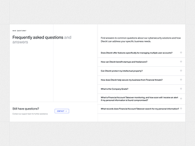 Dteckt — Frequently Asked Questions accordion answers contact cta cybersecurity design desktop dropdown faq faqs icon plus product design questions security solutions ui ux web website