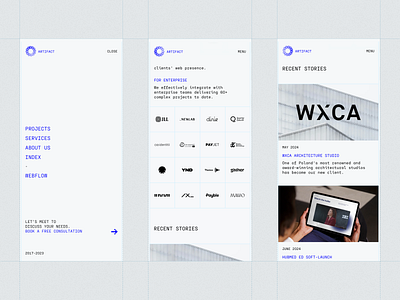 Artifact — On Mobile articles blog design expanded grid menu mobile nav navbar news partners product design recent rwd stories tile ui ux web website