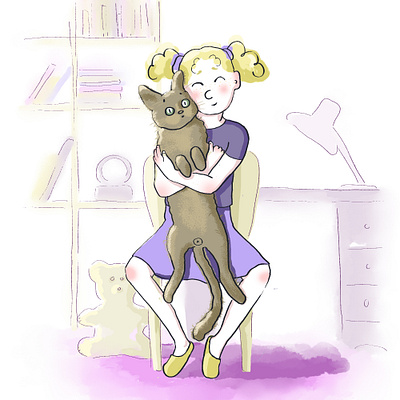 A Girl and a Cat. cat character digital art girl illustration watercolor