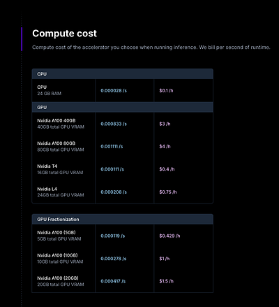 Compute cost section gpu minimal pricing pricing table ui