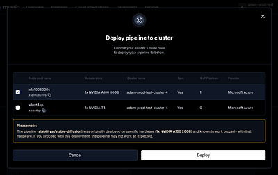 Mystic.ai's deploy ML model to cloud provider accelerator modal aws azure cpu deploy model dialogs gcp gpu machine learning modals