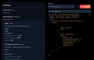 Mystic.ai's ML model API reference api reference buttons code block design docs machine learning parameters prompts