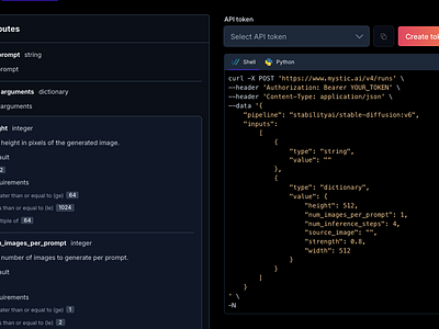 Mystic.ai's ML model API reference api reference buttons code block design docs machine learning parameters prompts