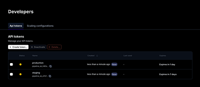 Mystic.ai's API token table and buttons api tokens create design icons table tabs ui