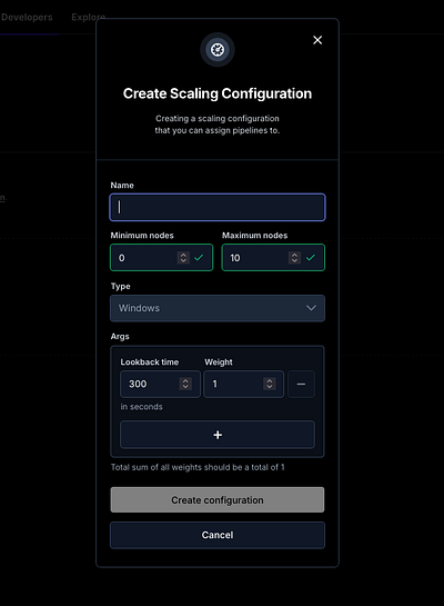 Mystic.ai's create scaling configuration modal and form complex forms form machine learning ml models scaling configurations ui validation