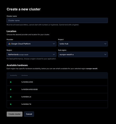 Mystic.ai's create cloud provider cluster w/ available hardware aws azure cluster complex forms forms gcp machine learning ui ux