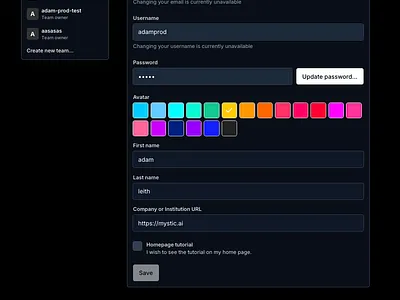 Mystic.ai account page and user/team selection dropdown complex forms dropdown forms profile page teams ui update password