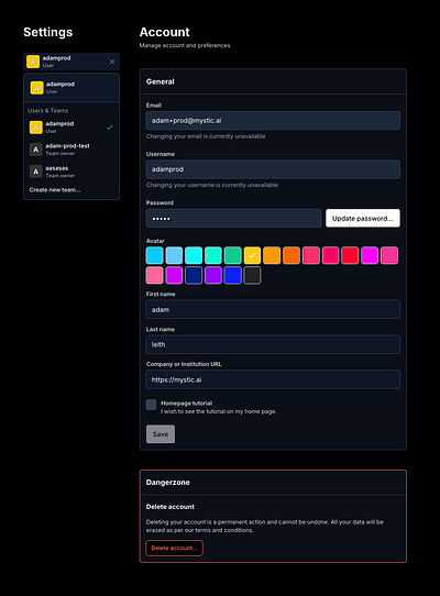 Mystic.ai account page and user/team selection dropdown complex forms dropdown forms profile page teams ui update password