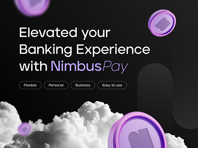 Nimbus Branding – Elevating Cloud-Based Banking bank banking black brand branding cloud coin credit card dark graphic design pink purple typography visuel identity