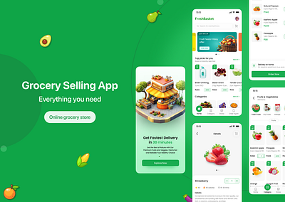 Groceries Selling App calm and fresh cart screen creative design daily ui design inspiration design process design thinking figma green theme grocery app interaction design mobile app payment screen problem solving selling app success screen ui screens uiux user interface visual design