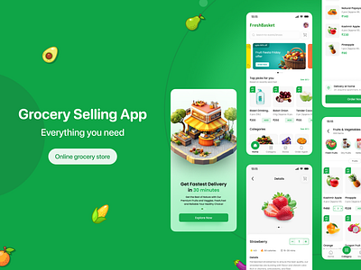 Groceries Selling App calm and fresh cart screen creative design daily ui design inspiration design process design thinking figma green theme grocery app interaction design mobile app payment screen problem solving selling app success screen ui screens uiux user interface visual design