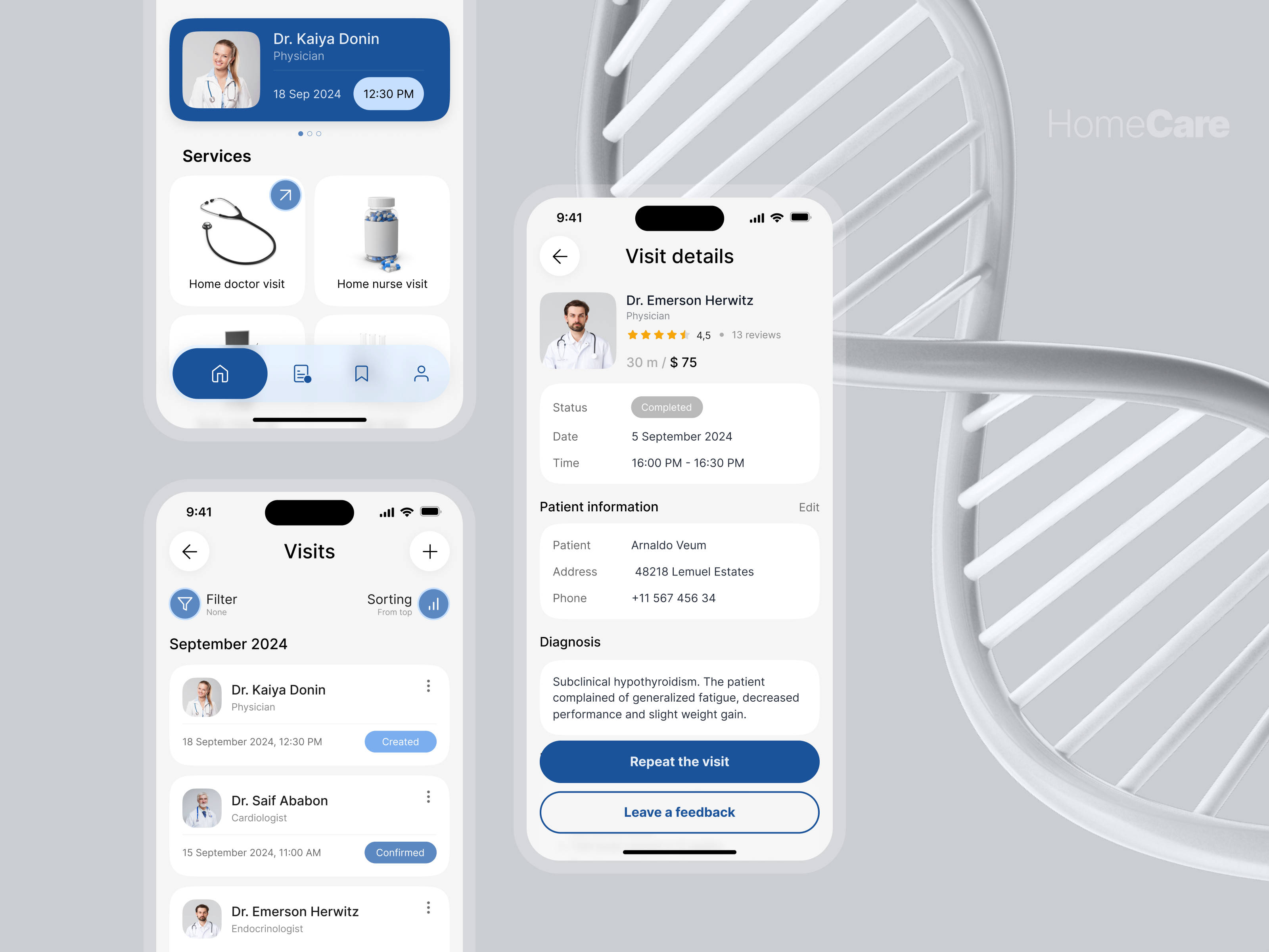 Healthcare Service Visit Details Page | HomeCare ambulance appointment doctor doctor booking app health home care home doctor home page med visit medical booking app medical care medics mobile app online doctor booking patient app schedule status ui design uxui visit details