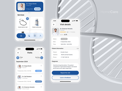 Healthcare Service Visit Details Page | HomeCare ambulance appointment doctor doctor booking app health home care home doctor home page med visit medical booking app medical care medics mobile app online doctor booking patient app schedule status ui design uxui visit details