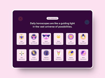 Daily Horoscopes section for Astrology website astrology design design challange ecommerce figma graphic design horoscopes illustration stars tuturial ui ui design web design website