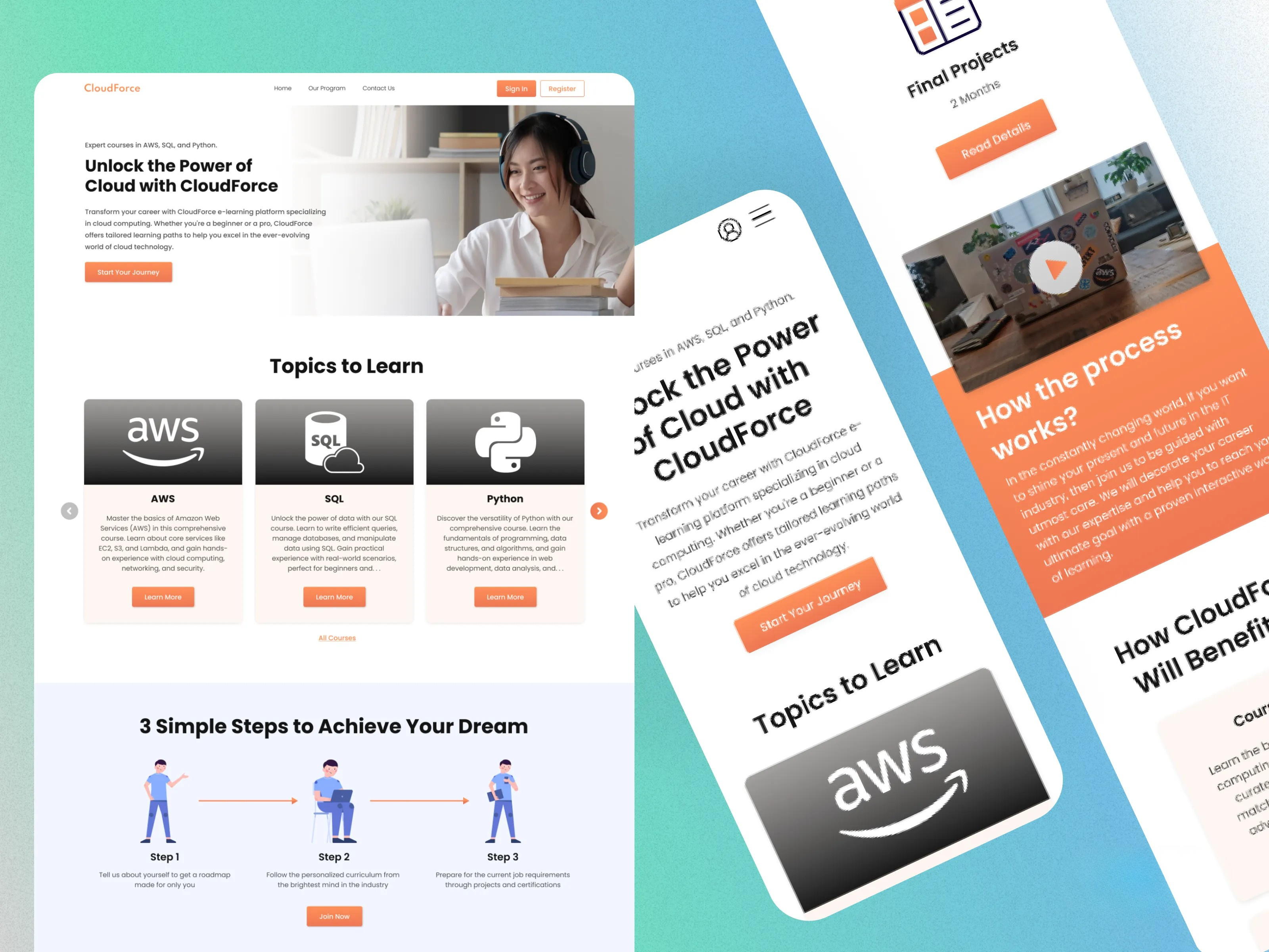CloudForce Landing Page Redesign aws clean ui cloud cloud learning cloudtechnologies creative design e learning figma figmadesign landing page mobile design mobile ui modern design python sql uiux user experience web design web ui
