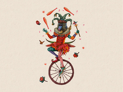 The Jester adobe africaninspired brush characterdesign digitalillustration digitalpainting fun illustration jester juggling mandrill muti protea southafrican unicycle whimsical