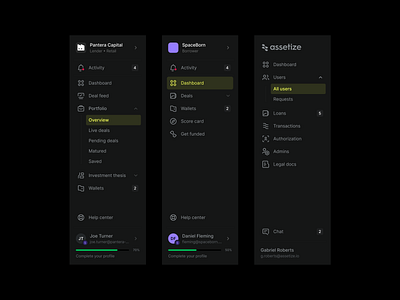 Assetize – Navbars, dark mode app application dark mode design system financial app fintech fintech app funding app navbar navigation sidebar visual identity web app