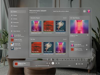 Daily UI Design Challenge #009 apple vision pro daily ui design daily ui design 002 design figma glassmorphism music player ui vr design