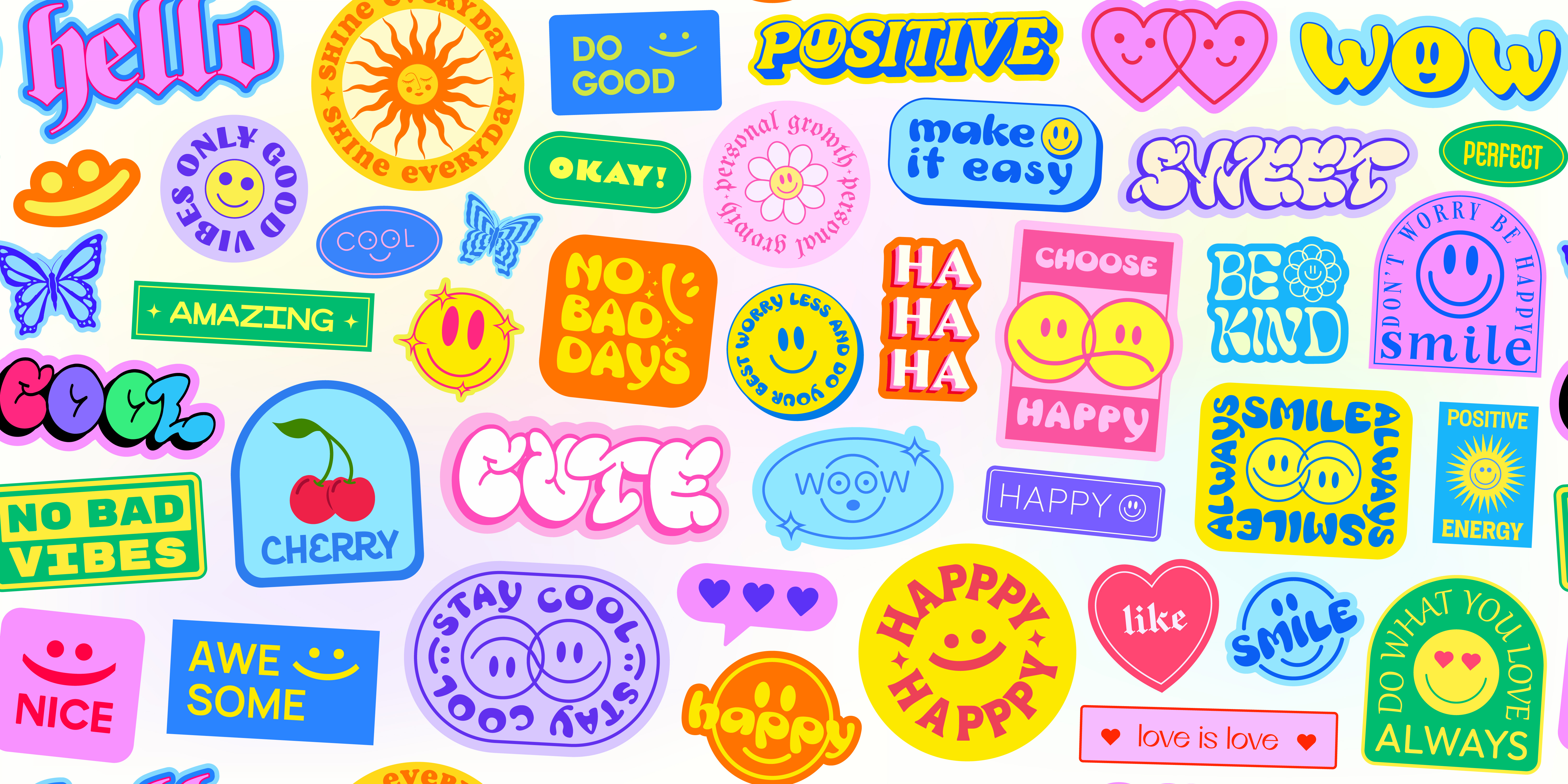 Cute Y2K Stickers Collage. Cool 2000s Seamless Pattern. 2000s 90s abstract aesthetic art background collage cool cute design girl groovy happy icon patch pattern pink smile sticker y2k
