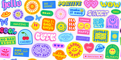 Cute Y2K Stickers Collage. Cool 2000s Seamless Pattern. 2000s 90s abstract aesthetic art background collage cool cute design girl groovy happy icon patch pattern pink smile sticker y2k