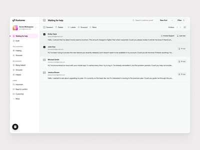 Kastamer - Customer Email List customer email customer platform customer support email details email list email management email platform saas platform ui uiux ux