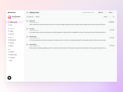 Kastamer - Customer Email List customer email customer platform customer support email details email list email management email platform saas platform ui uiux ux
