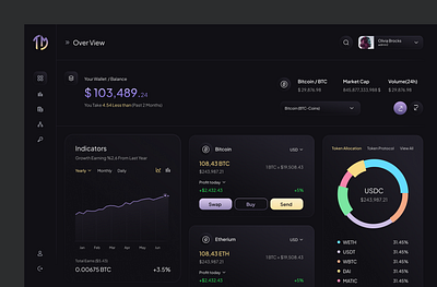 Crypto Dashboard analyze bitcoin branding business dashboard charts crypto dark ui dashboard etherium graphic design managing overview trading ui