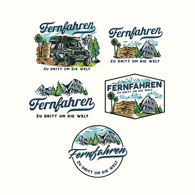 Fernfahren Design Bundle adventure badge design branding desert fernfahren graphic design hand drawn design illustration illustration vintage logo logo design mountains offroad overland travel vintage badge vintage hand drawn vintage logo