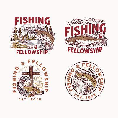 Fishing & Fellowship Design Set badge design branding fishing flyfishing graphic design hand drawn design hand drawn illustration illustration illustration vintage logo design mountains river trout fish trout fishing vintage design vintage hand drawn vintage logo