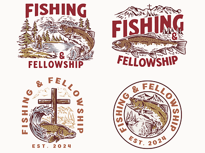 Fishing & Fellowship Design Set badge design branding fishing flyfishing graphic design hand drawn design hand drawn illustration illustration illustration vintage logo design mountains river trout fish trout fishing vintage design vintage hand drawn vintage logo