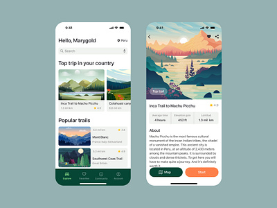 Hiking Guide Mobile App app design design hiking app illustration mobile app mobile application nature product design tourist app travel travel app ui design user expirience user interface дизайн мобильного приложения заказать приложение приложение для хайкинга туристическое приложение