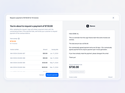 Request payment for overdue invoices 💸 banking flow invoices payment product design split screen table ui