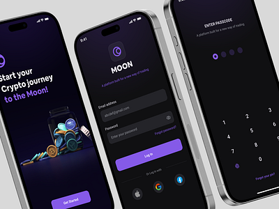 Crypto Wallet App Login app ui crypto crypto wallet cryptocurrency dark theme design finance flat ui login logo mobile ui onboarding passcode password ui ui design wallet