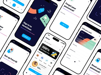 VereClean Mobile App | Cleaning app | UI UX Design card detail ui cleaning app cleaning home page face id forgot password home page iqbalmian link account ui ux design welldux