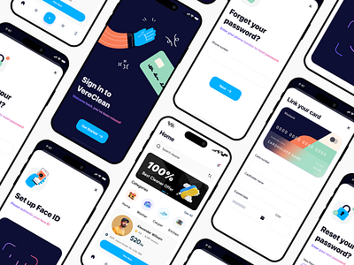 VereClean Mobile App | Cleaning app | UI UX Design card detail ui cleaning app cleaning home page face id forgot password home page iqbalmian link account ui ux design welldux