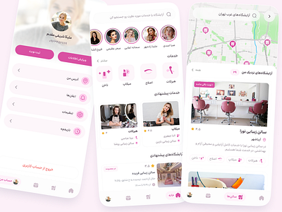 Beauty Salon Booking App app ui beauty beauty salon beautysalon booking booking app calendar design flat ui home page map mobile ui pink salon ui ui design