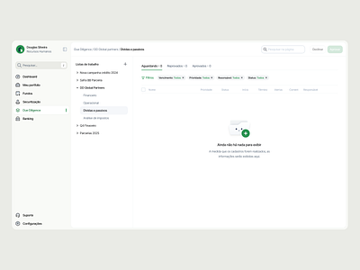 Due diligence brazil data table due due diligence empty empty state filter resume ribeirão preto saas sidebar são paulo table tabs tree view white label